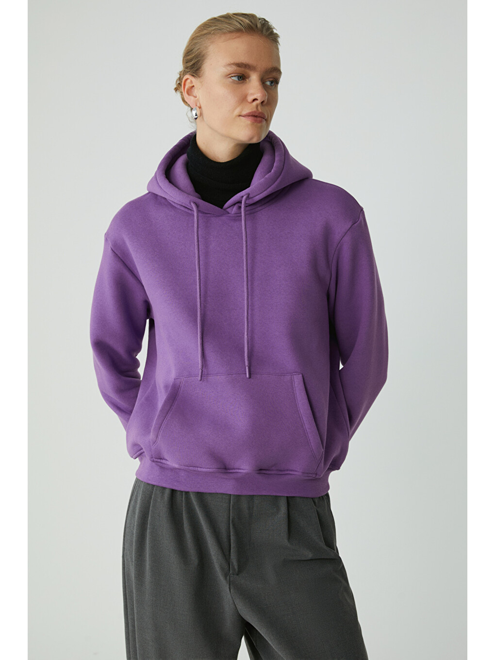 Diane Kadın İçi Polarlı Yumuşacık Comfort Fit Kapüşonlu Mor Sweatshirt-5