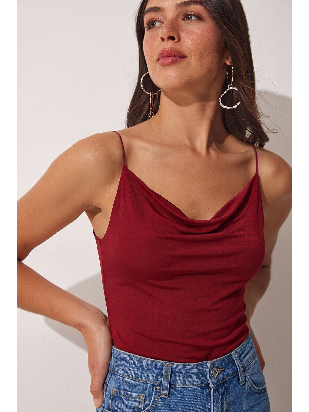 Bordo Askılı Degaje Yaka Sandy Örme Bluz BORDO LRX0013-1