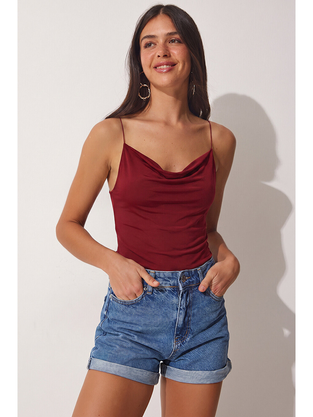 Bordo Askılı Degaje Yaka Sandy Örme Bluz BORDO LRX0013-2