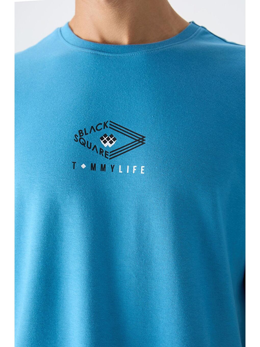 TOMMYLIFE Petrol Mavi Pamuklu Kalın Yumuşak Dokulu Oversize Fit Baskılı Erkek T-Shirt - 88325 - 1