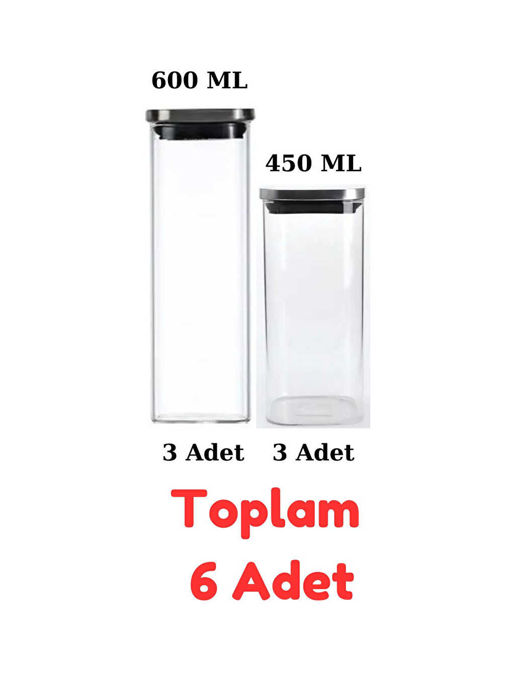 Renksiz Vakum Krom Kapaklı Kare Cam Kavanoz 6 Adet