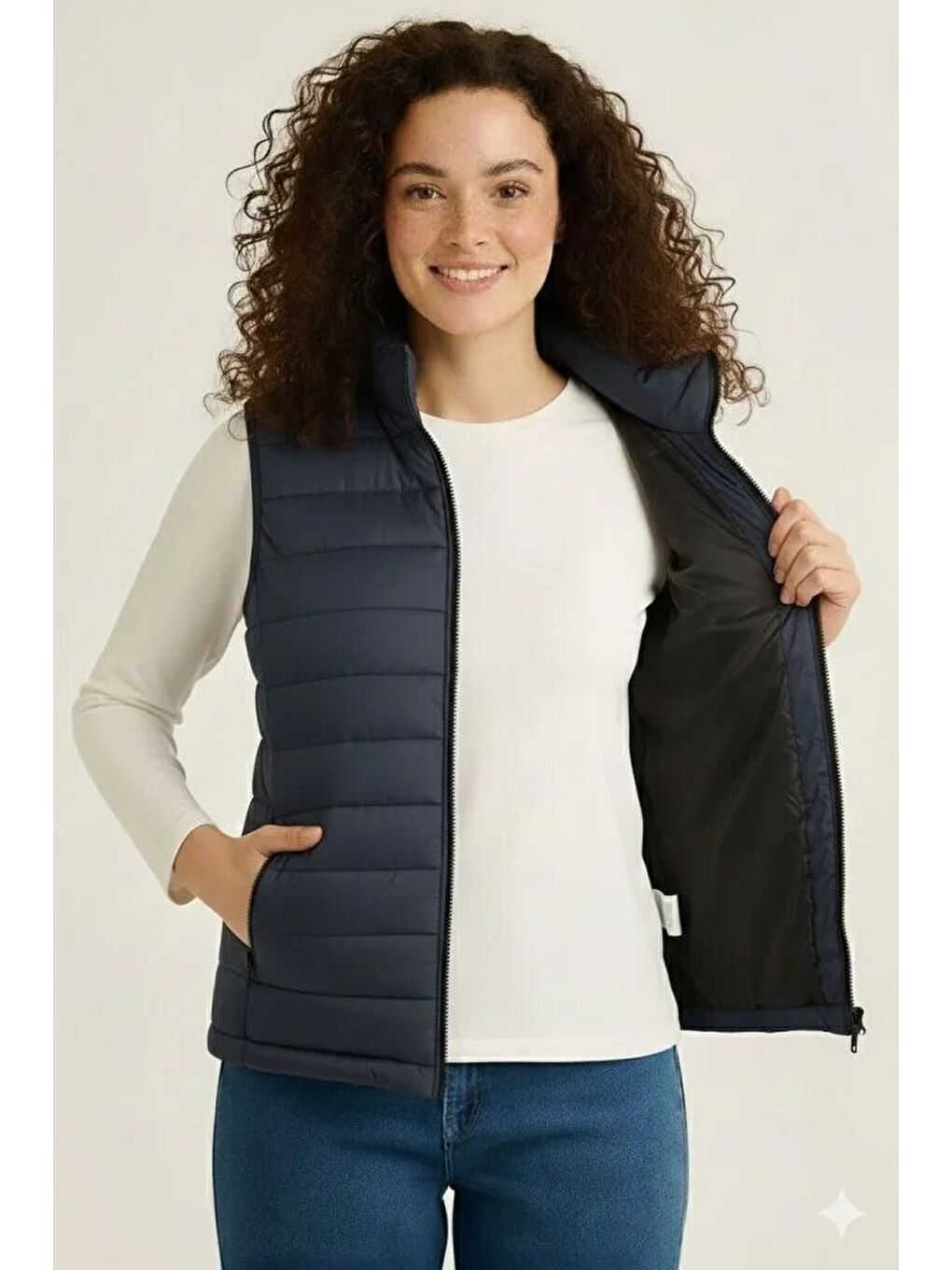 Şişme Fermuarlı Yelek Su Itici Kapitone Astarlı Kumaş Cepli Hafif Kışlık Spor Rahat Kalıp - Lacivert