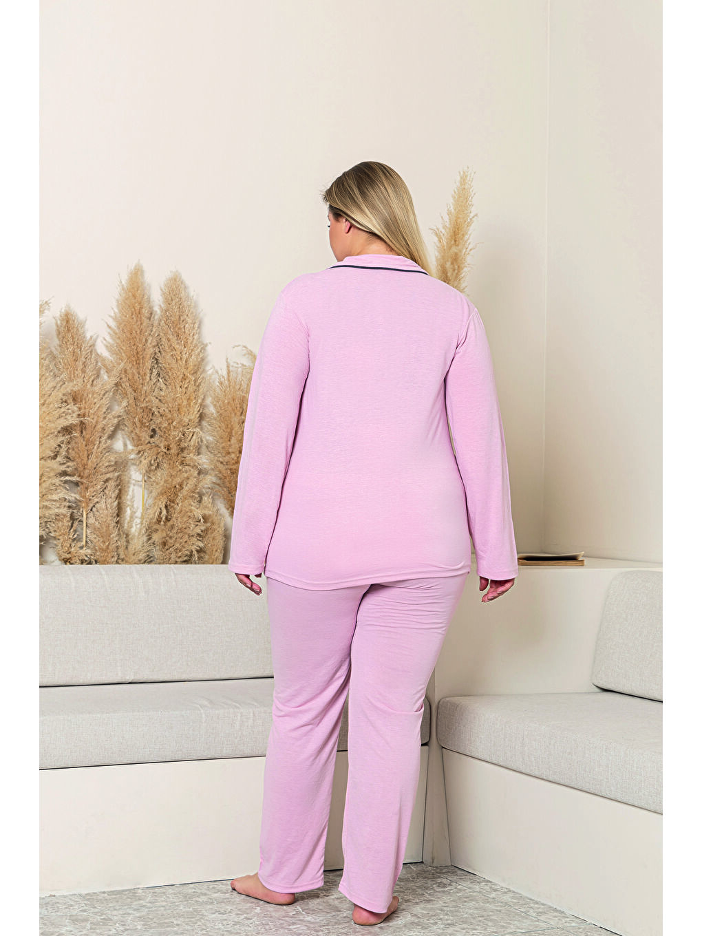 Pembe Kadın Pudra %100 Pamuk Biyeli Yüksek Kaliteli Gömlek Yaka Düğmeli Uzun Kollu Battal Pijama Takımı-2