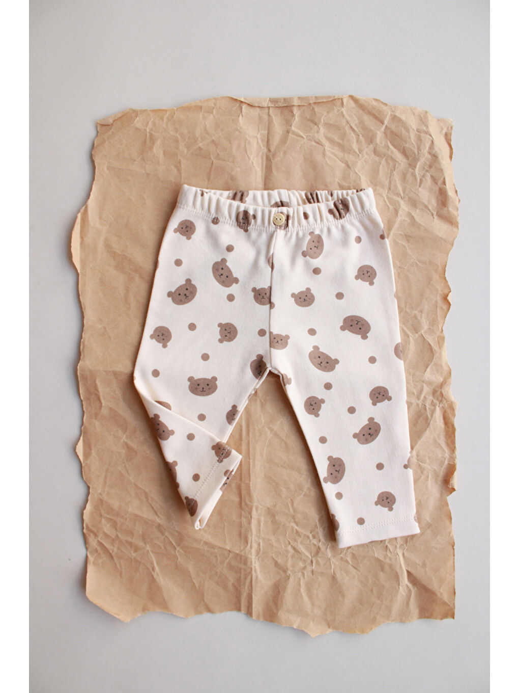 Ekru Ayıcık Baskılı Bebek Penye Tayt-1