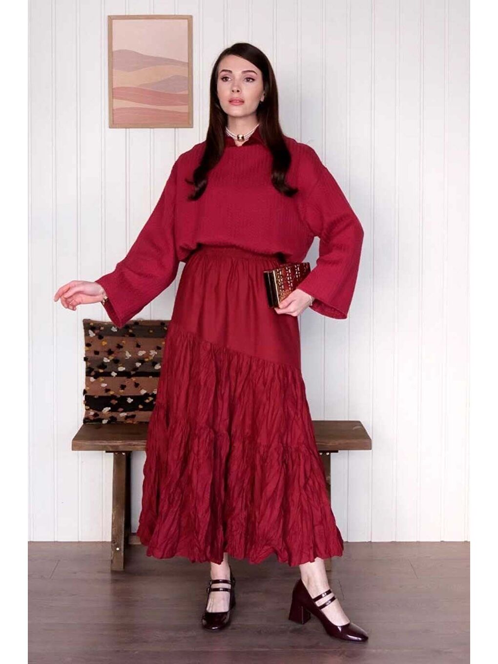 Bordo Kat Kat Kraşlı Etek