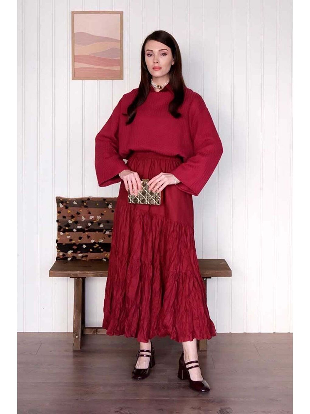 Bordo Kat Kat Kraşlı Etek-1