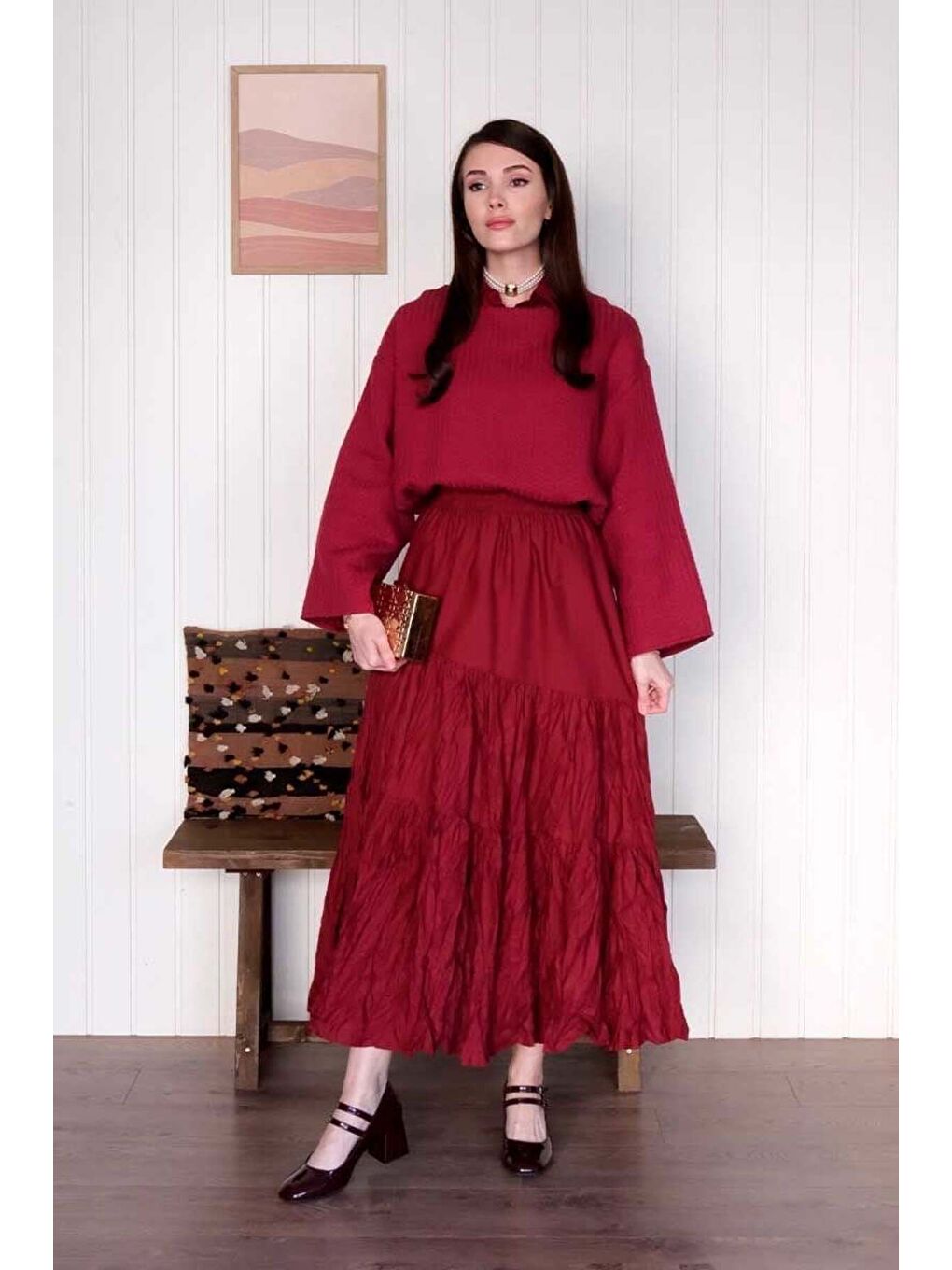 Bordo Kat Kat Kraşlı Etek-2