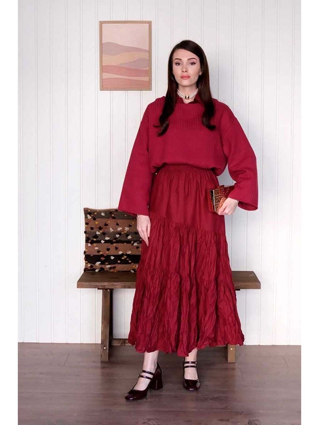 Bordo Kat Kat Kraşlı Etek-3