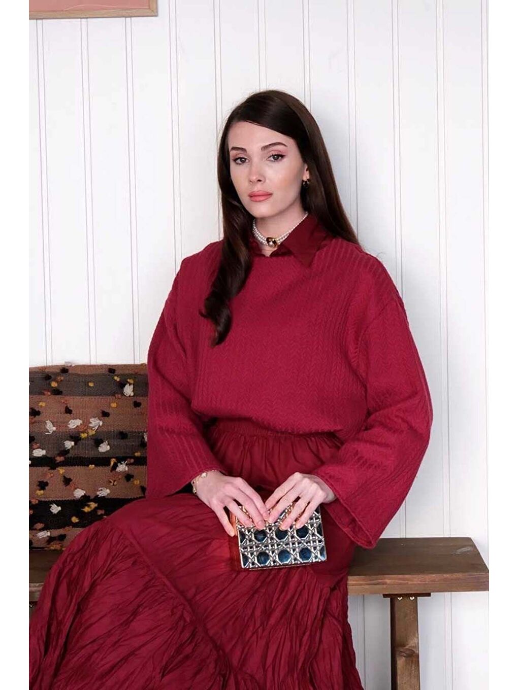 Bordo Kat Kat Kraşlı Etek-4