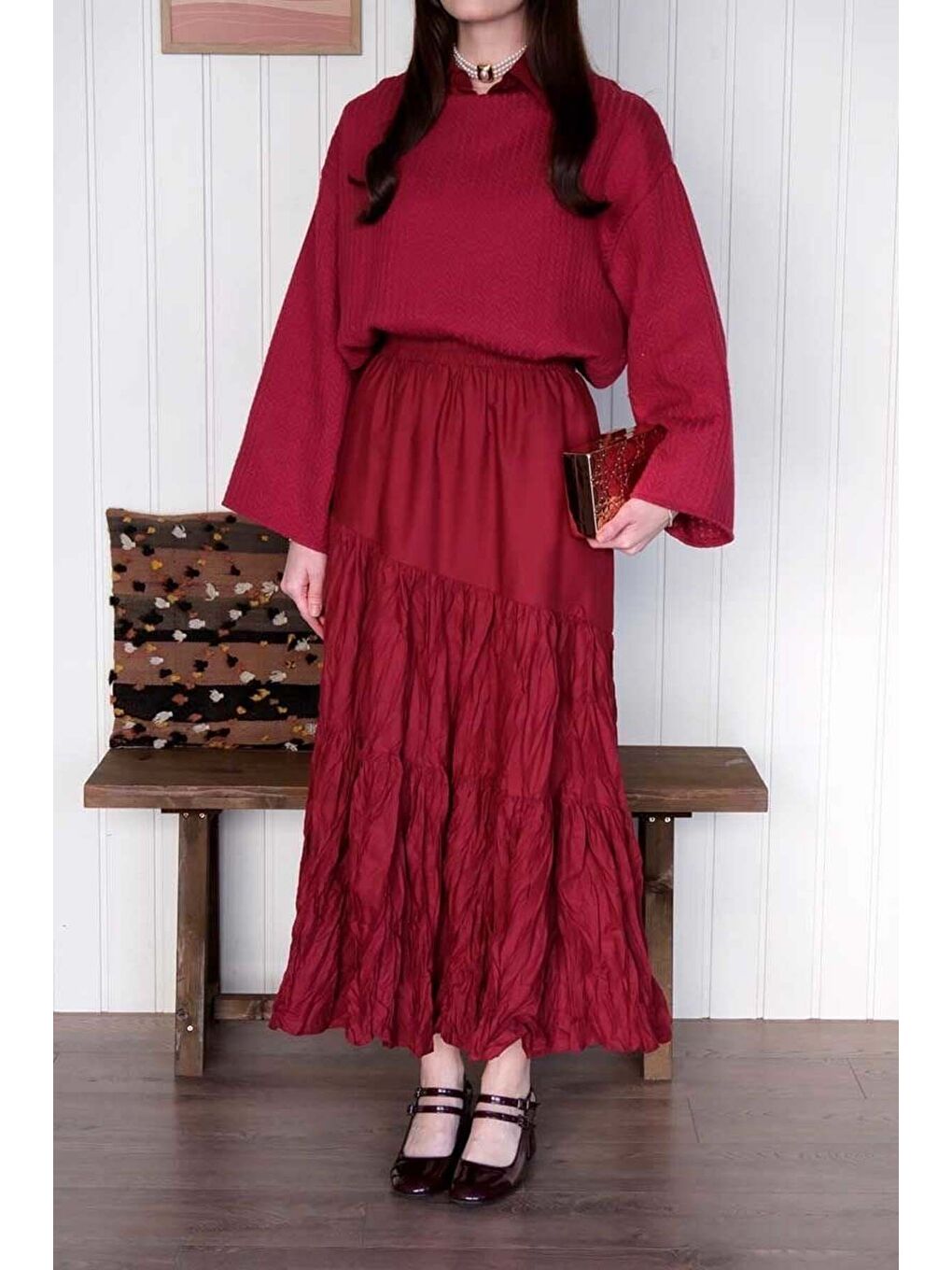 Bordo Kat Kat Kraşlı Etek-5