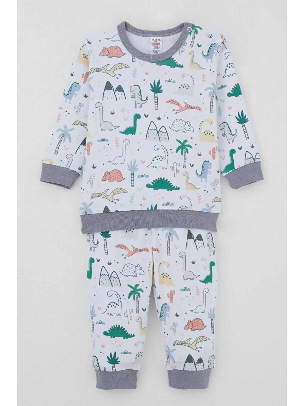 Erkek Bebek Pijama Takımı Omuzdan Patlı Sevimli Dinozorlar Desenli Beyaz (4 Ay-1 Yaş)