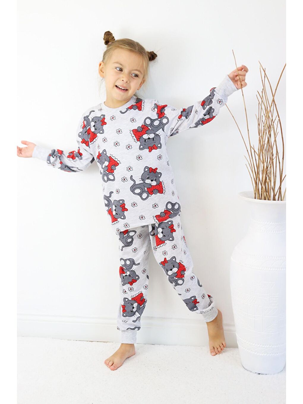 Harika KIDS Kırmızı Kız Çocuk Baskılı İnce Basic Pijama Takımı - 4