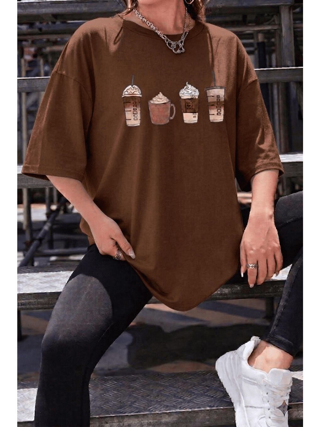 Kahverengi Coffee Lover Baskılı Unisex Oversize T-Shirt - Büyük Beden Seçenekli