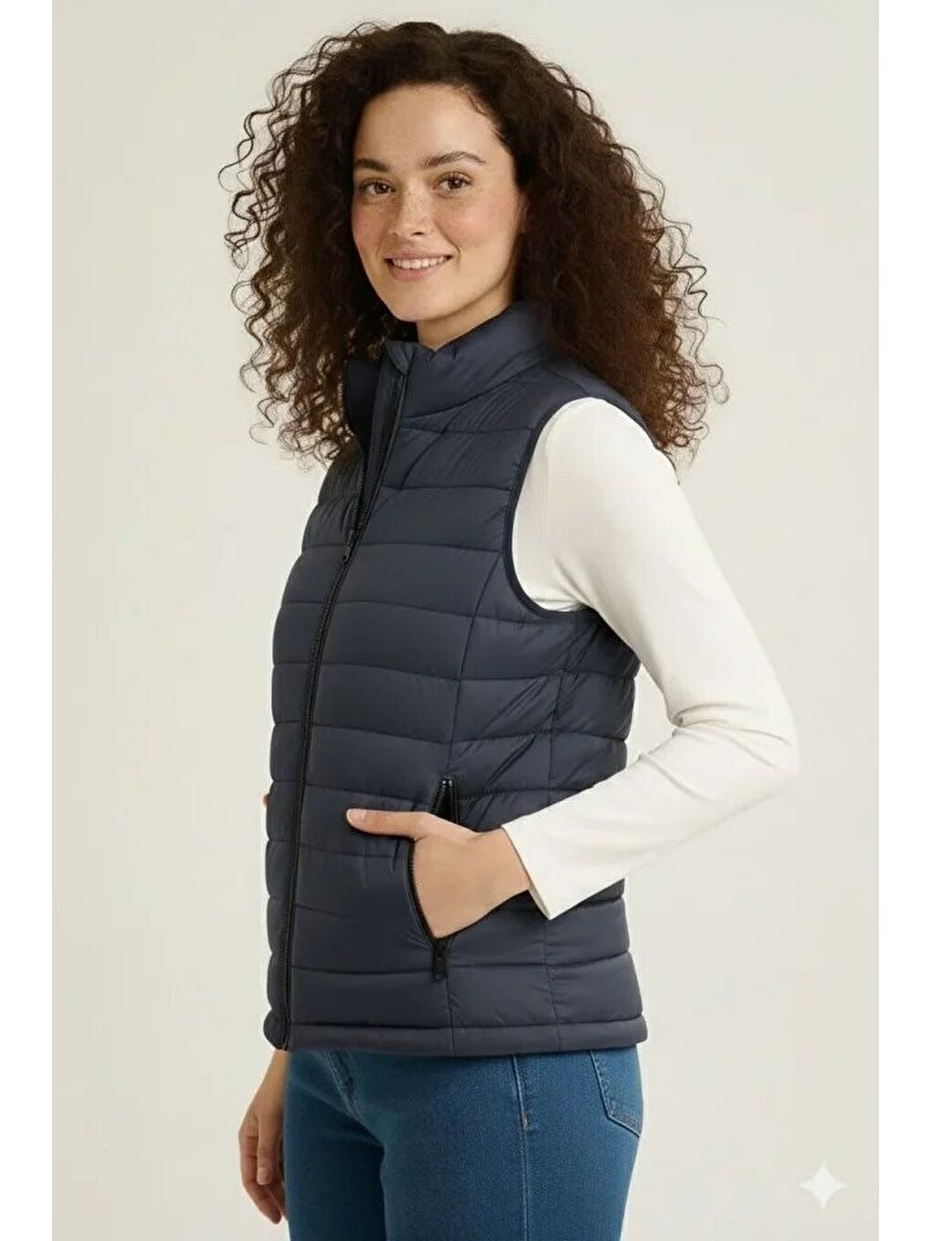 Şişme Fermuarlı Yelek Su Itici Kapitone Astarlı Kumaş Cepli Hafif Kışlık Spor Rahat Kalıp - Lacivert-1