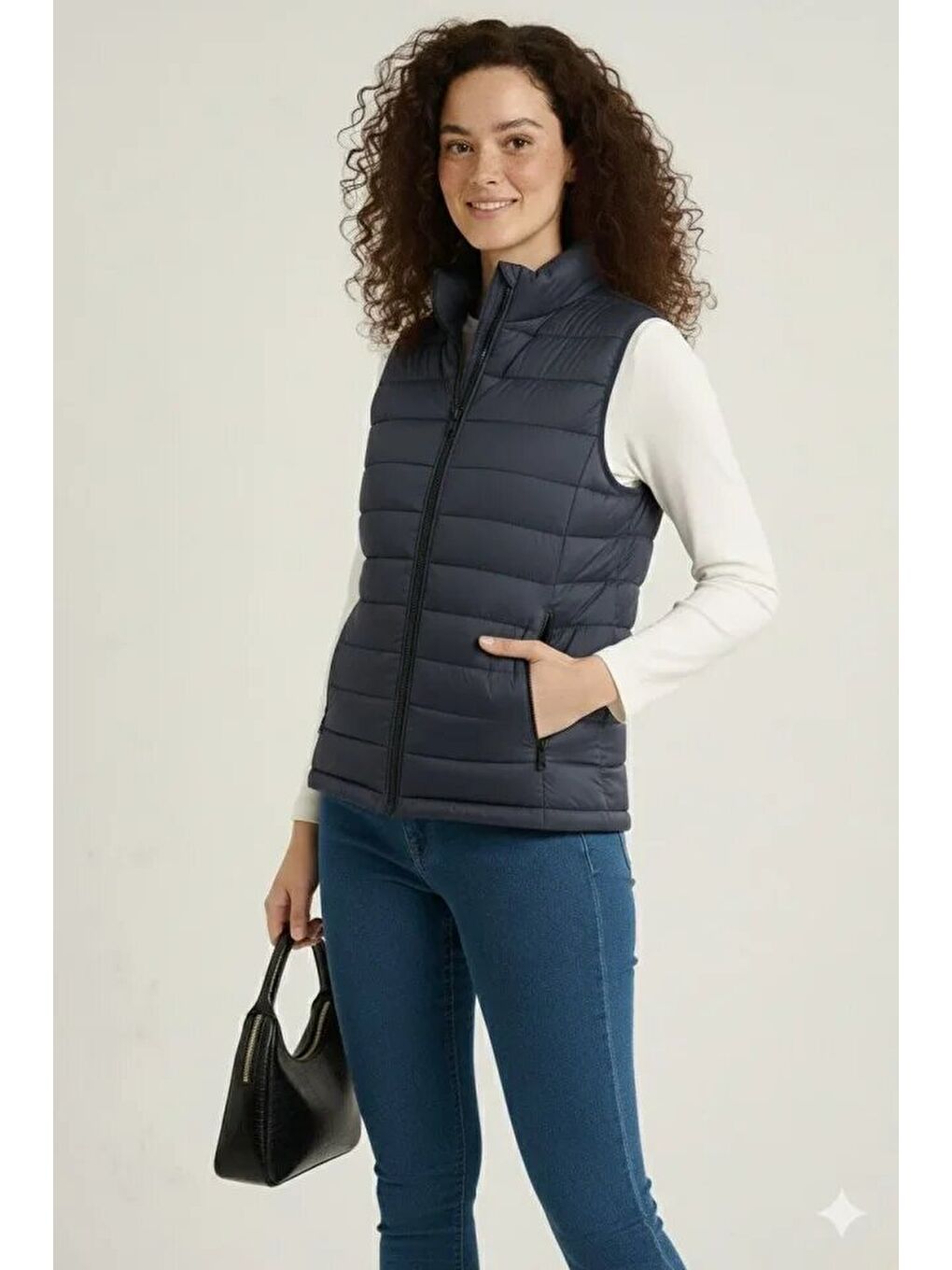 Şişme Fermuarlı Yelek Su Itici Kapitone Astarlı Kumaş Cepli Hafif Kışlık Spor Rahat Kalıp - Lacivert-2