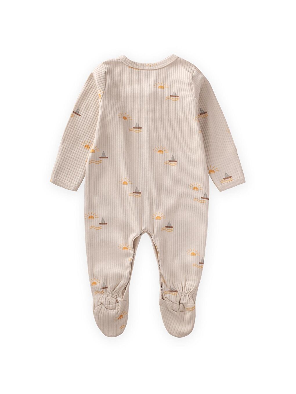 Ekru Ayaklı Kendinden Eldivenli Desenli Tulum 0-9 Ay Güneş Desen-1