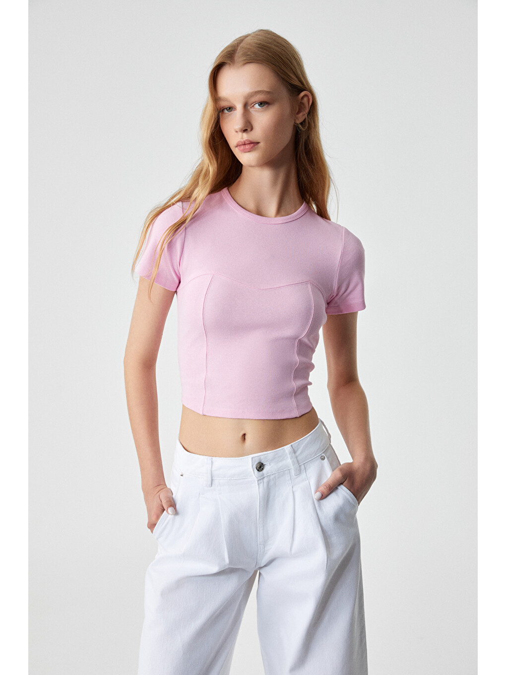 Ceraen Kadın Slim Kısa Kol Bisiklet Yaka Pembe T-shirt-2