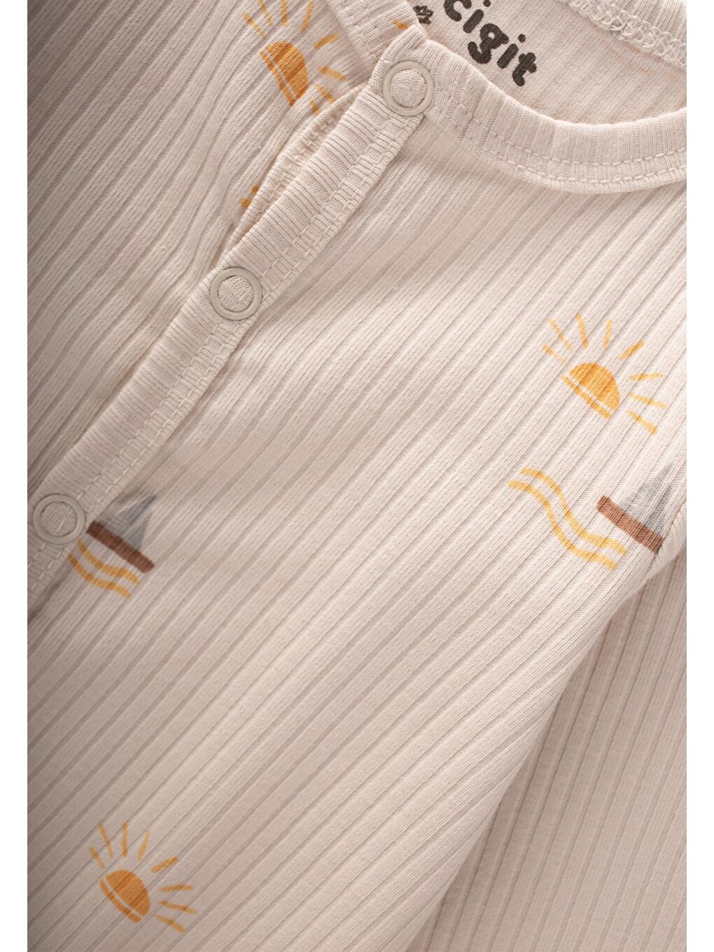 Ekru Ayaklı Kendinden Eldivenli Desenli Tulum 0-9 Ay Güneş Desen-2