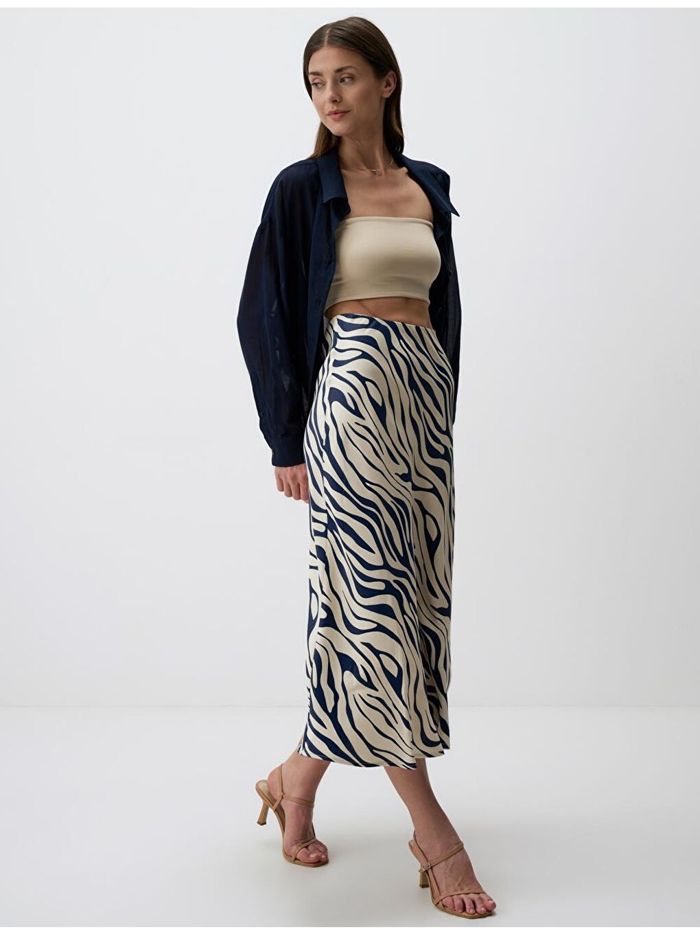 Lacivert Normal Bel Çizgili Saten Midi Etek-2