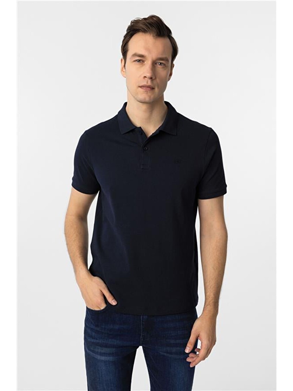 Lacivert Slim Düz Polo Yaka Tişört-1