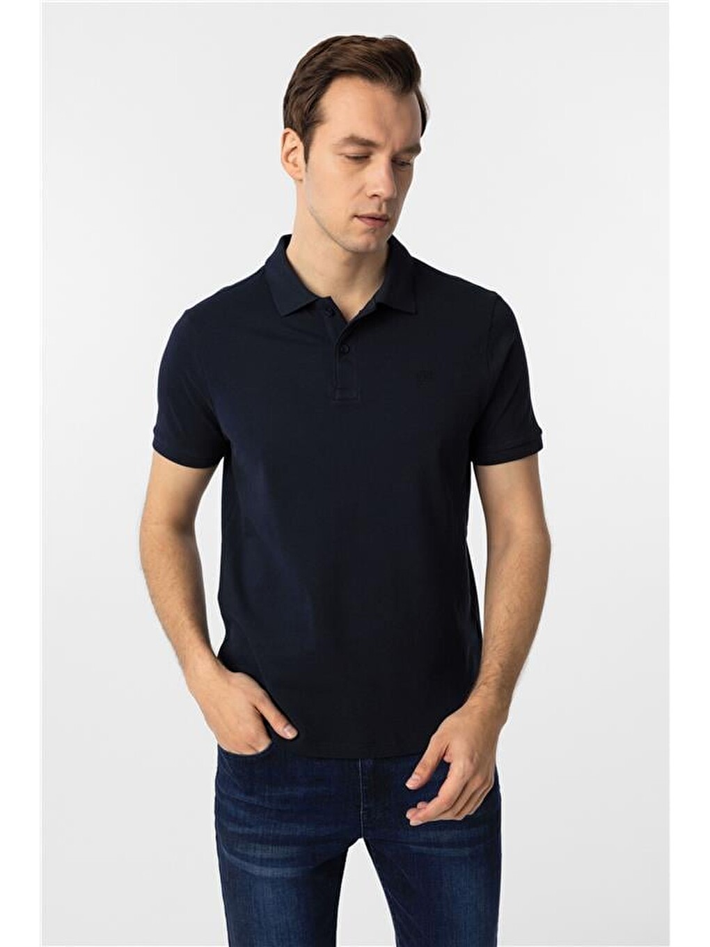 Lacivert Slim Düz Polo Yaka Tişört-2