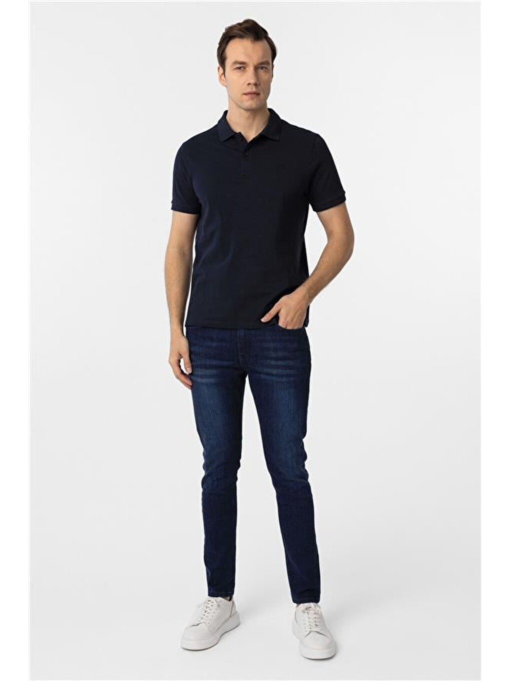 Lacivert Slim Düz Polo Yaka Tişört-5