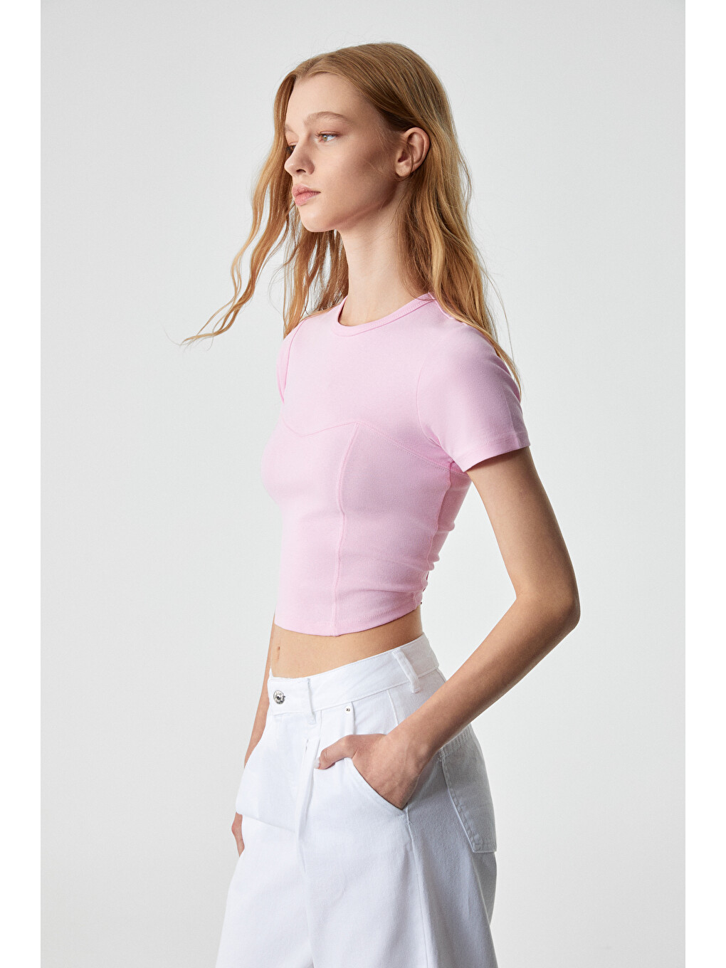 Ceraen Kadın Slim Kısa Kol Bisiklet Yaka Pembe T-shirt-3