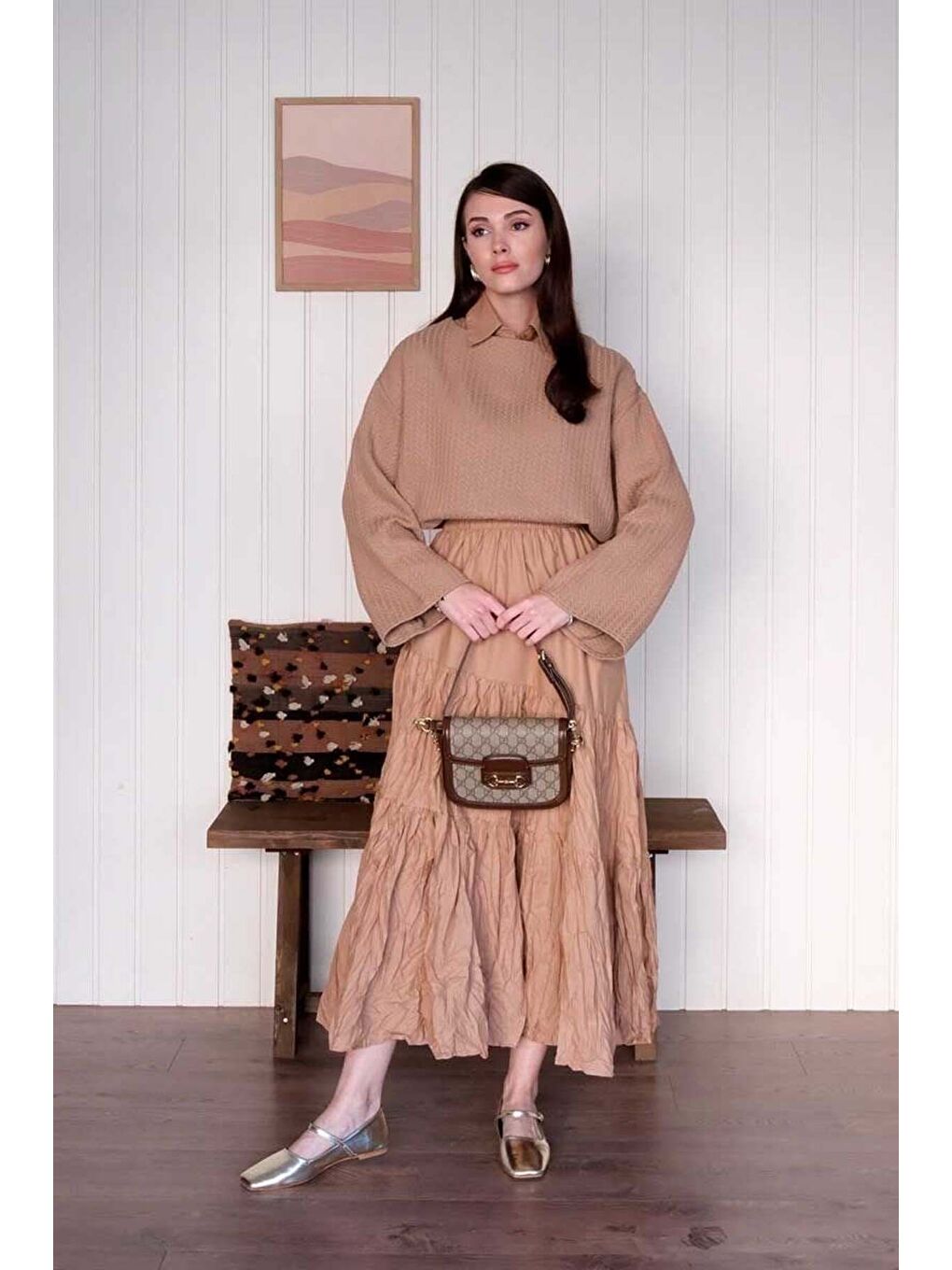 Bej Karamel Kat Kat Kraşlı Etek-1