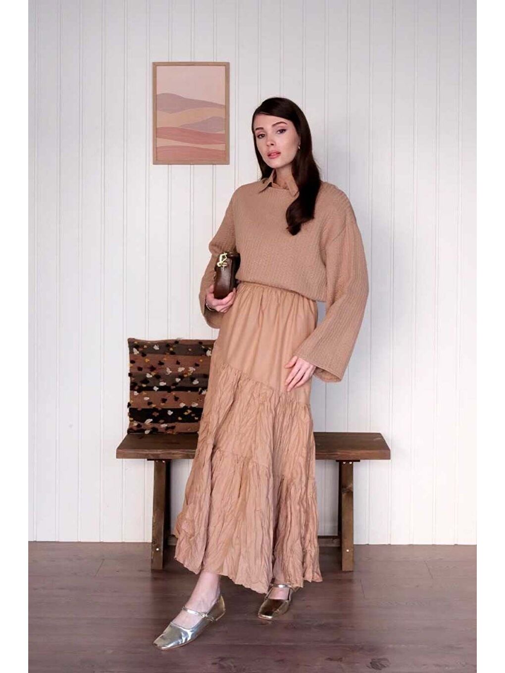 Bej Karamel Kat Kat Kraşlı Etek-2