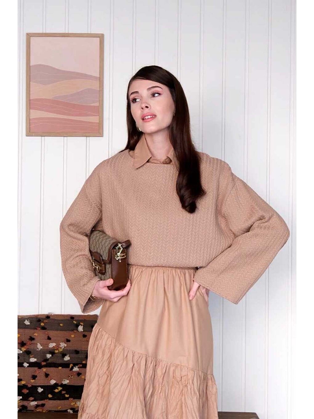 Bej Karamel Kat Kat Kraşlı Etek-3