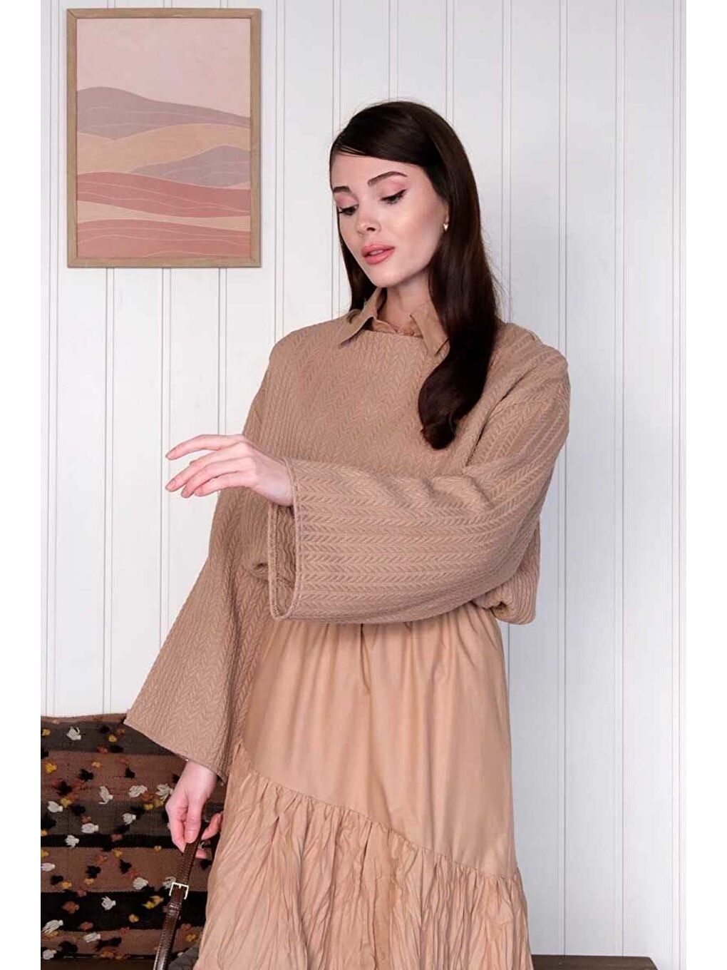 Bej Karamel Kat Kat Kraşlı Etek-4