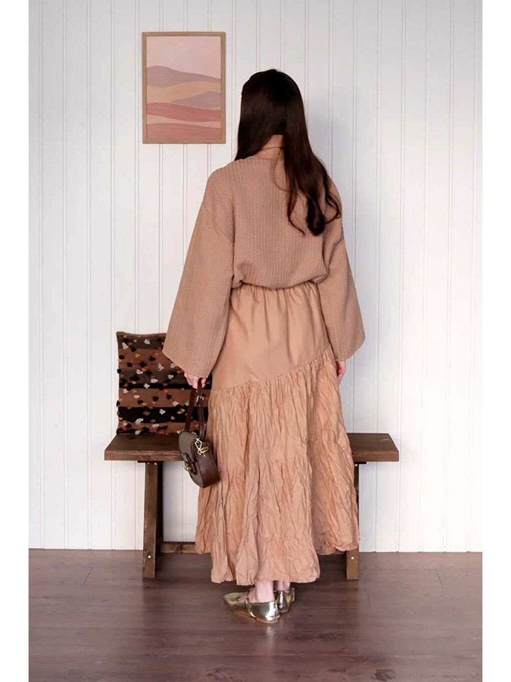 Bej Karamel Kat Kat Kraşlı Etek-5