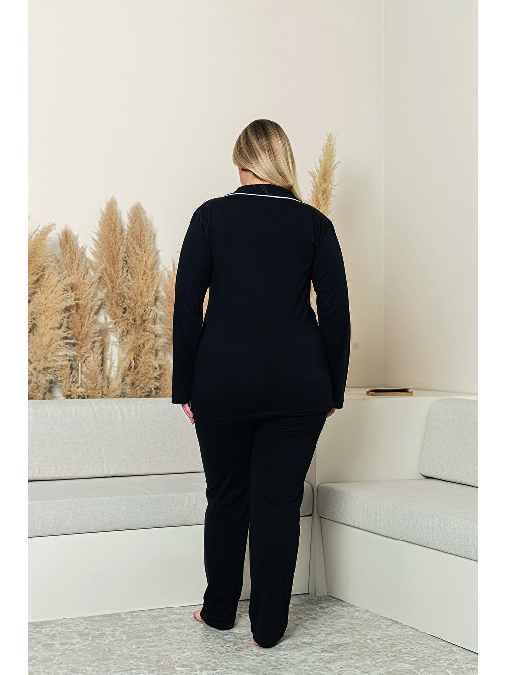 Kadın Siyah %100 Pamuk Biyeli Yüksek Kaliteli Gömlek Yaka Düğmeli Uzun Kollu Battal Pijama Takımı-2