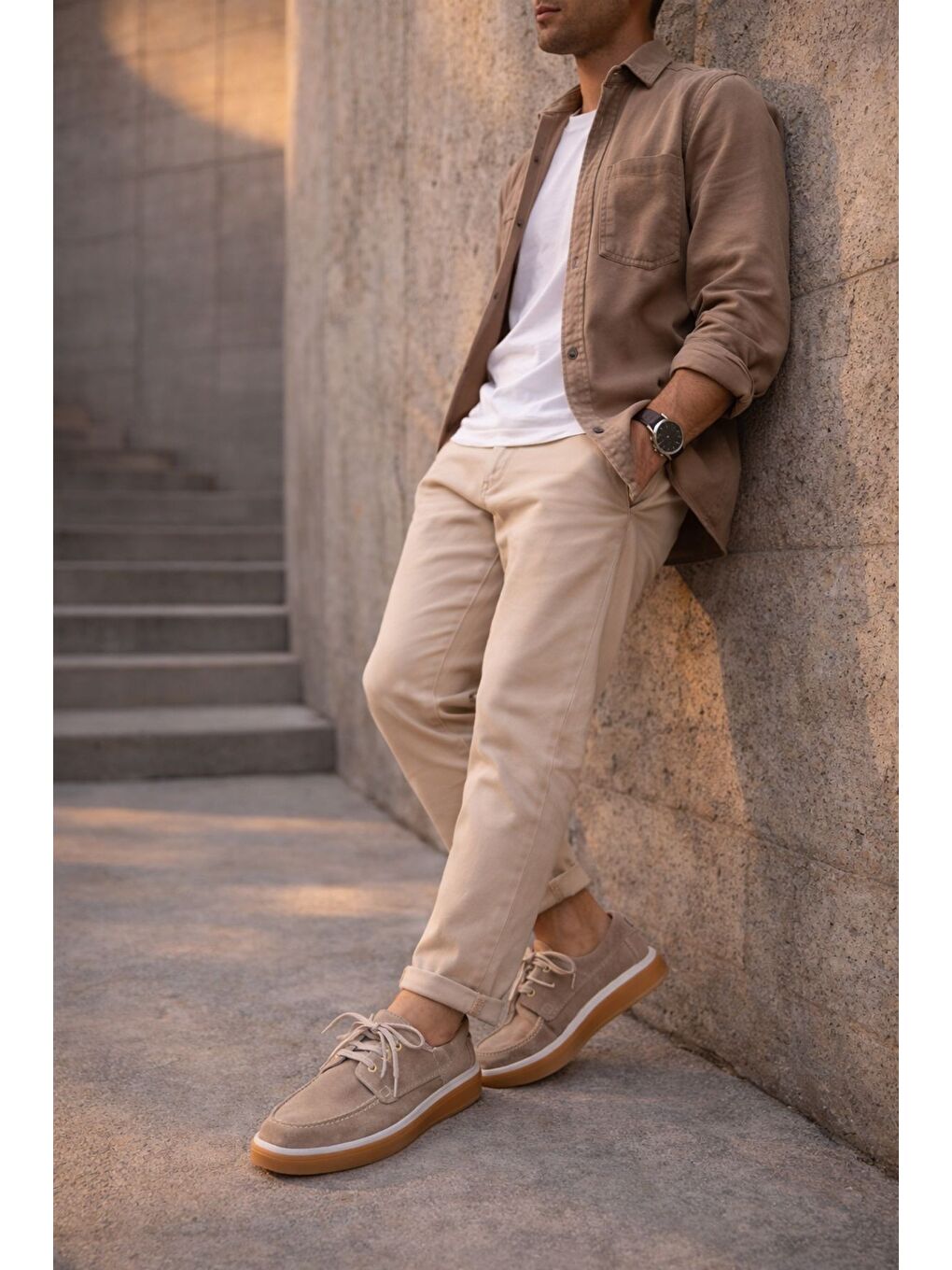 Bej CRAFT Hakiki Süet Deri Bağcıklı Erkek Günlük Loafer Ayakkabı-5