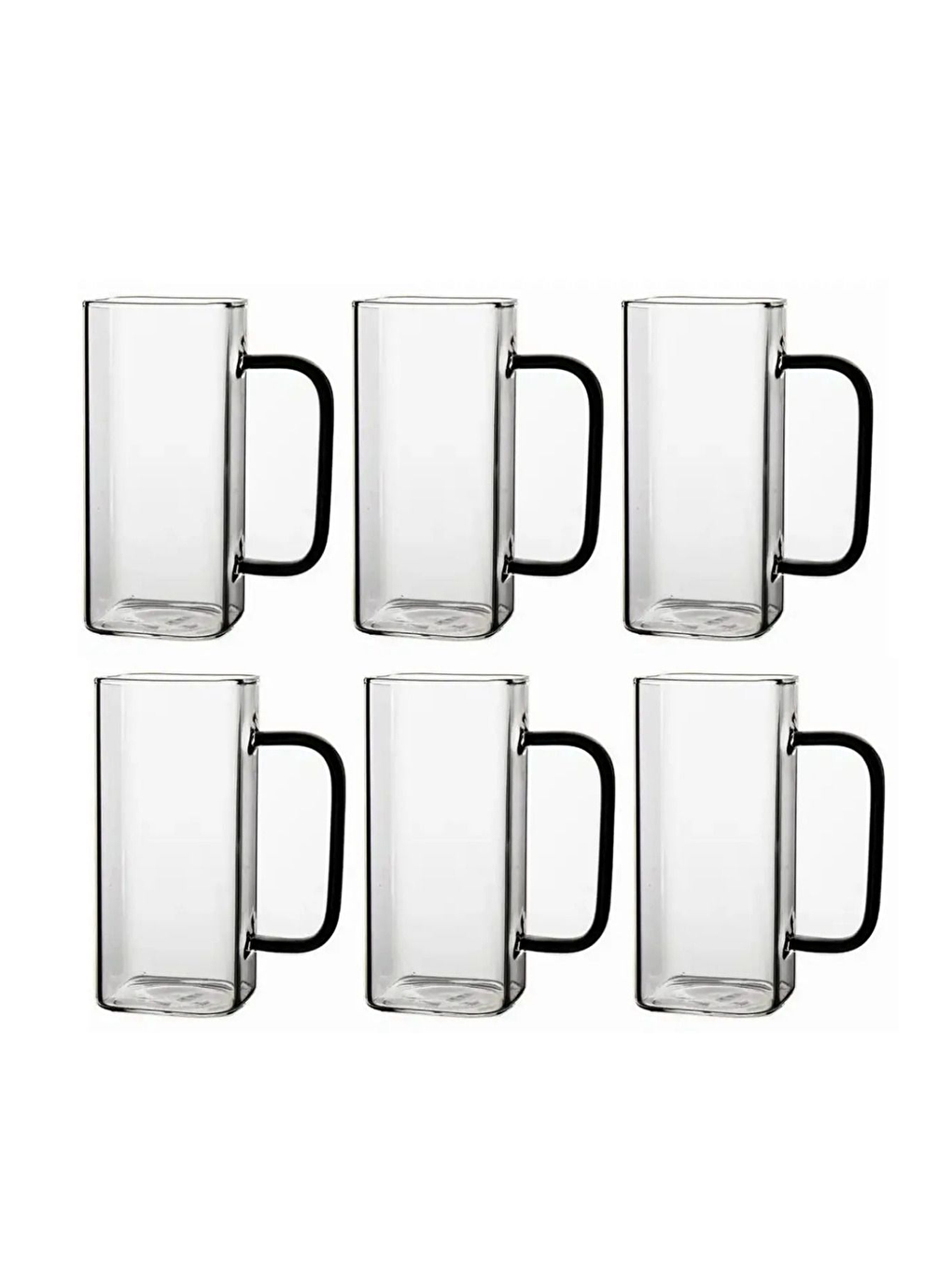 Renksiz Kare Cam Siyah Kulplu Su Bardağı 350 ml 6 Adet