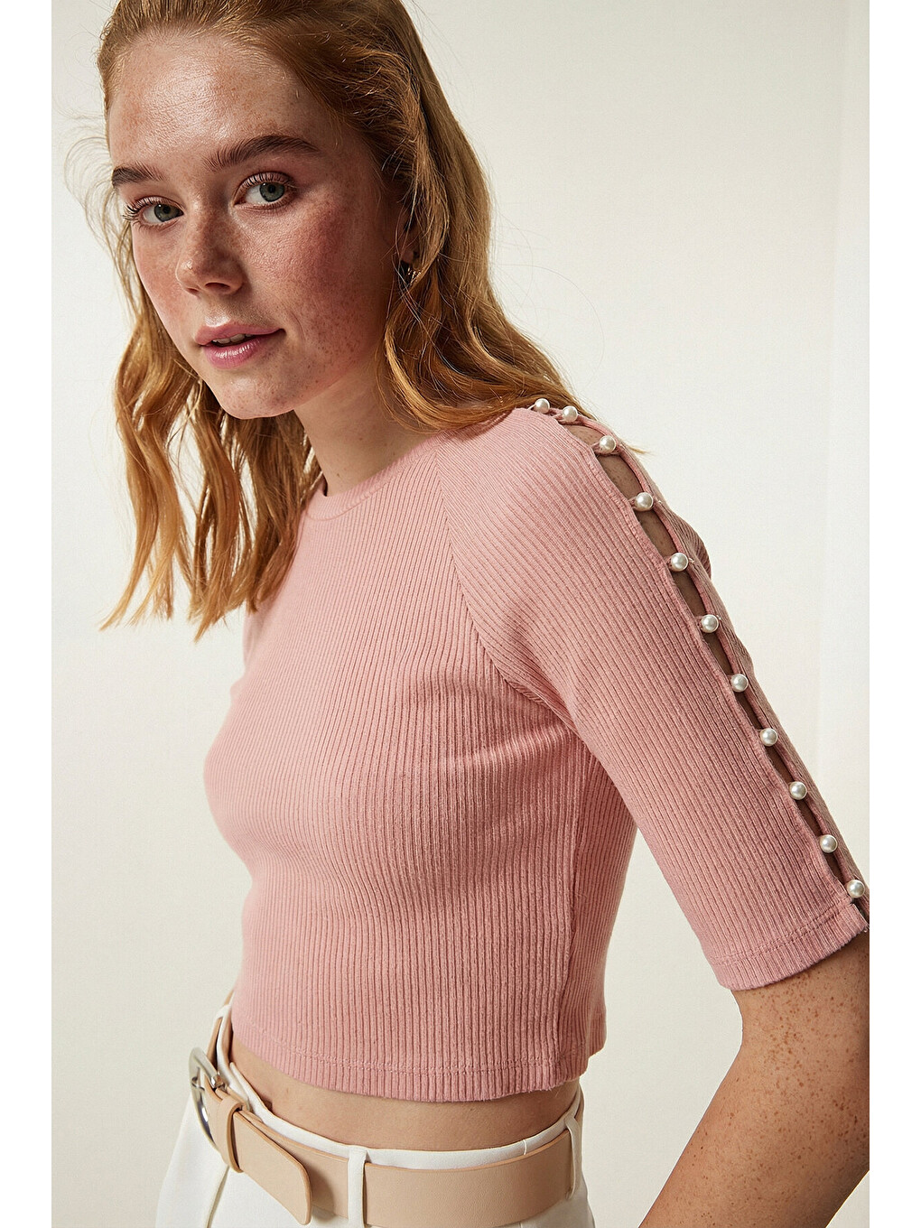 Pembe İnci Detaylı Crop Örme Bluz ??? PEMBE LEX0007