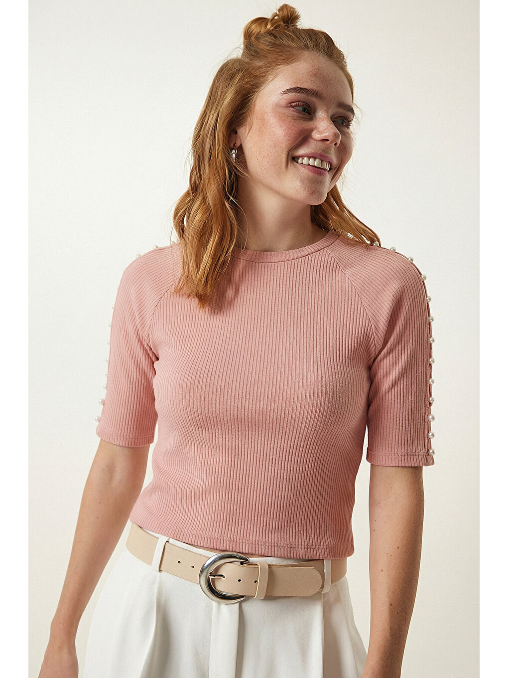 Pembe İnci Detaylı Crop Örme Bluz ??? PEMBE LEX0007-1