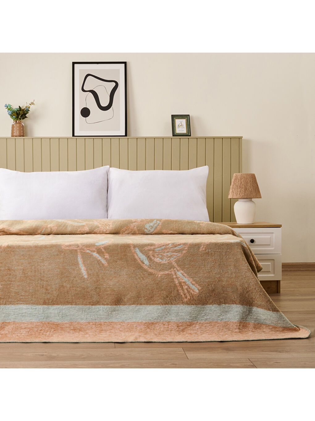 Lila Soft Nava Pamuklu Çift Kişilik Battaniye - Ekru / Yeşil - 200x220 cm-1