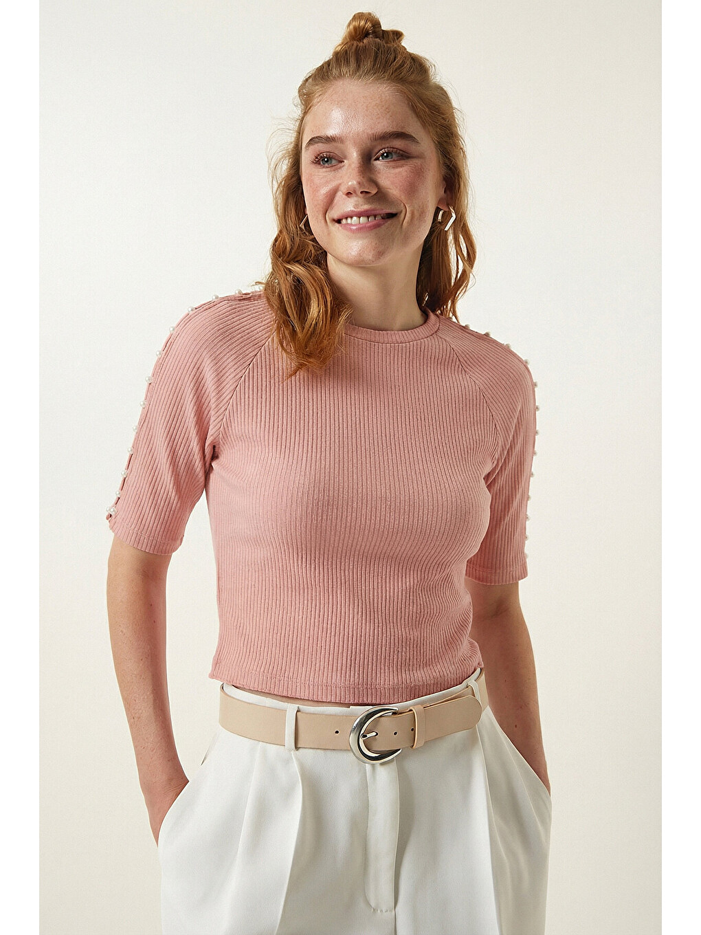 Pembe İnci Detaylı Crop Örme Bluz ??? PEMBE LEX0007-3