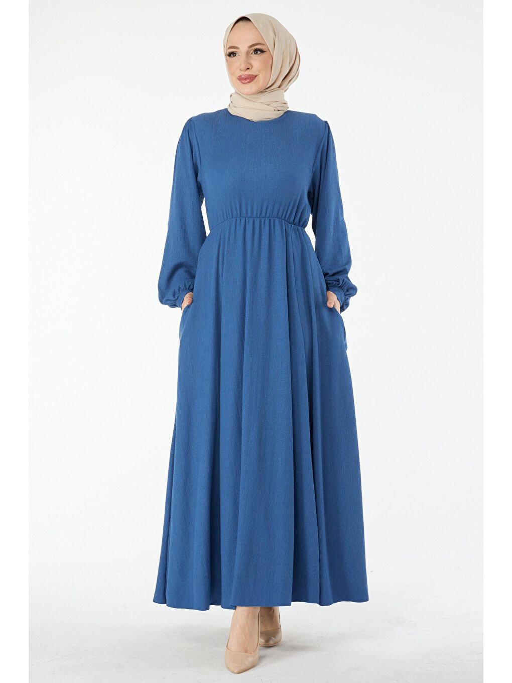 Bisiklet Yaka Kadın Mavi Beli Lastikli Kolu Bağcık Detaylı Elbise - 24460