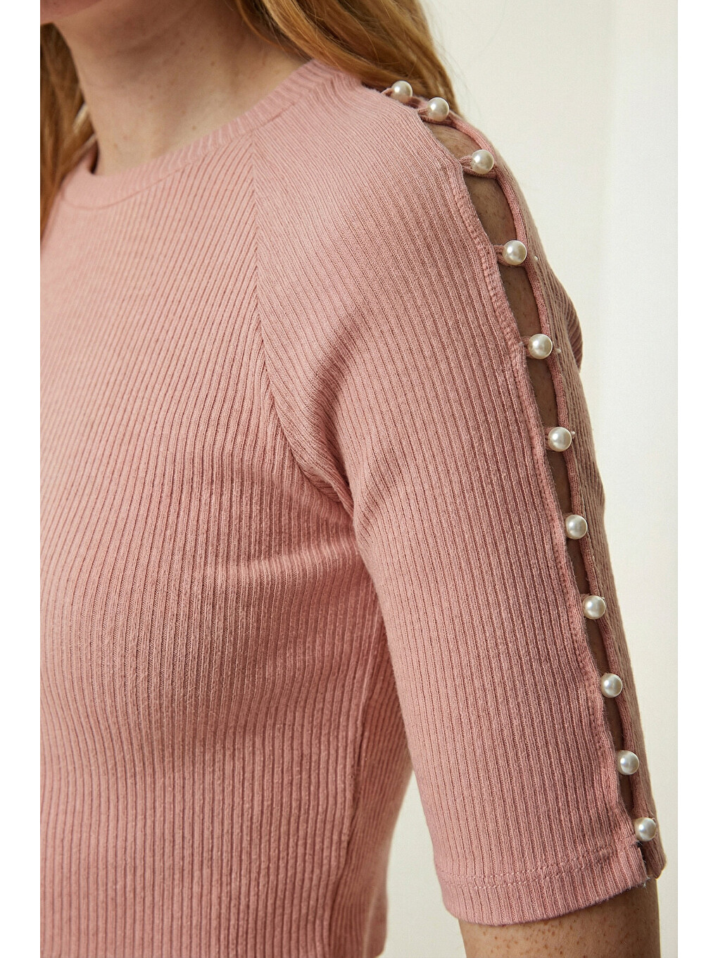 Pembe İnci Detaylı Crop Örme Bluz ??? PEMBE LEX0007-4