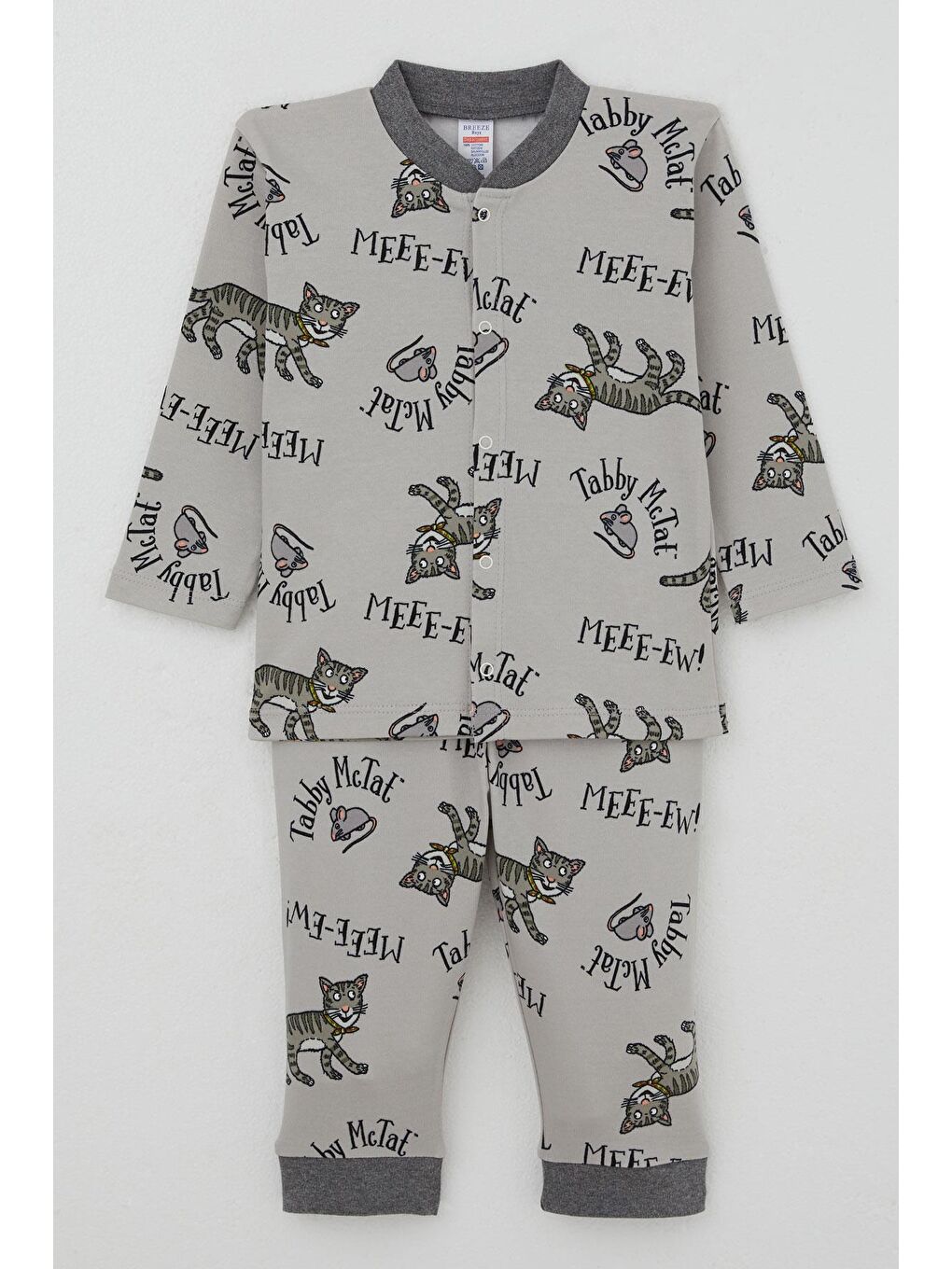 Erkek Bebek Pijama Takımı Sevimli Kedi Ve Farecik Desenli Gri (0-9 Ay)