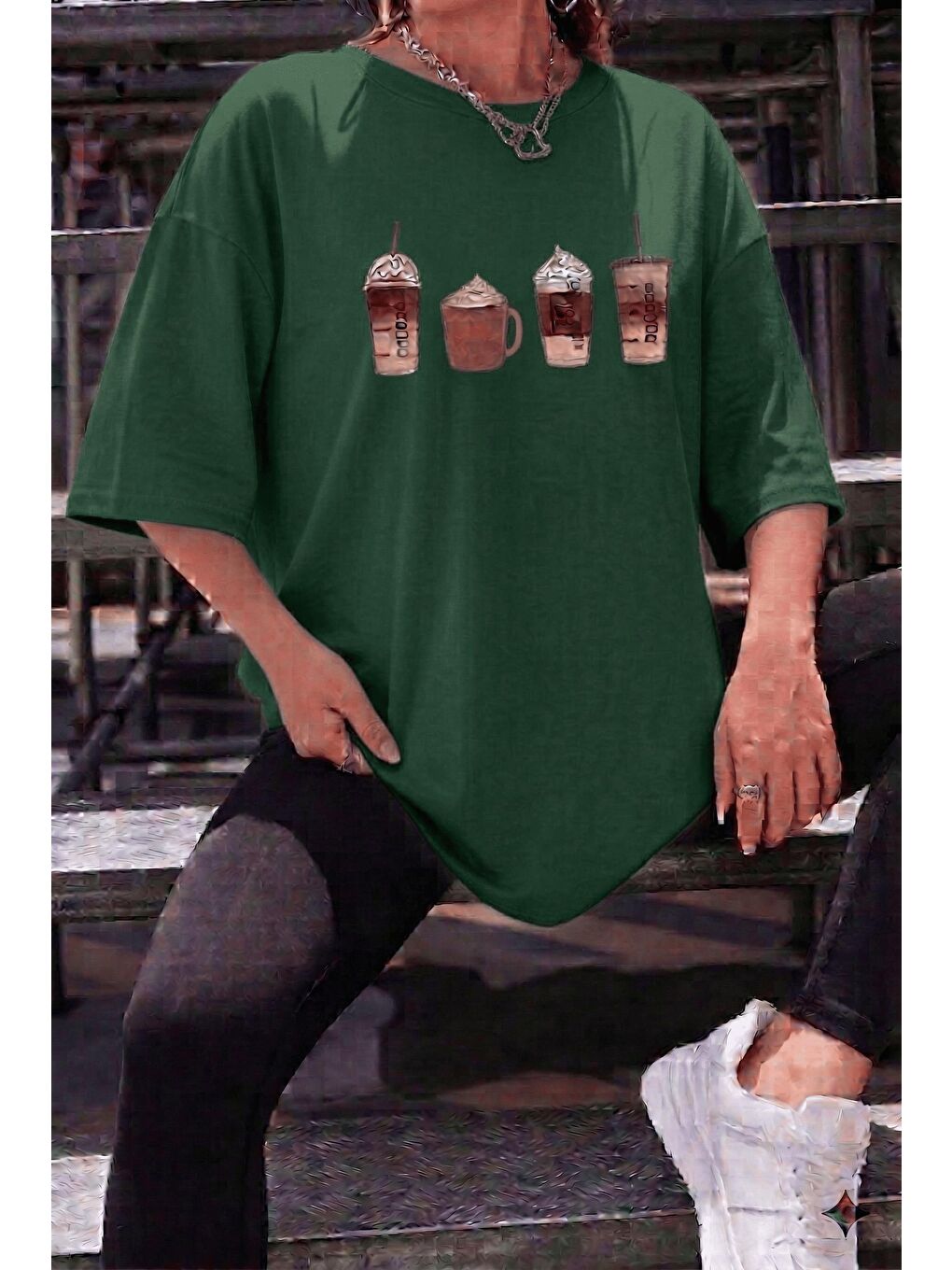 Yeşil Coffee Lover Baskılı Unisex Oversize T-Shirt - Büyük Beden Seçenekli