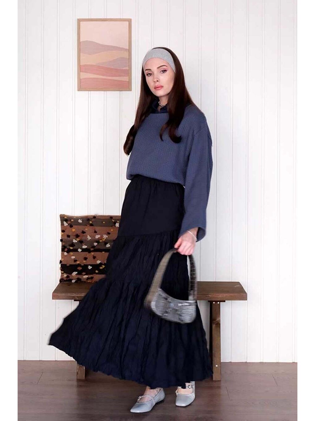 Lacivert Kat Kat Kraşlı Etek-1