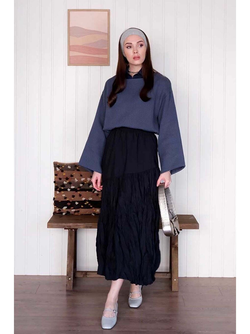 Lacivert Kat Kat Kraşlı Etek-2