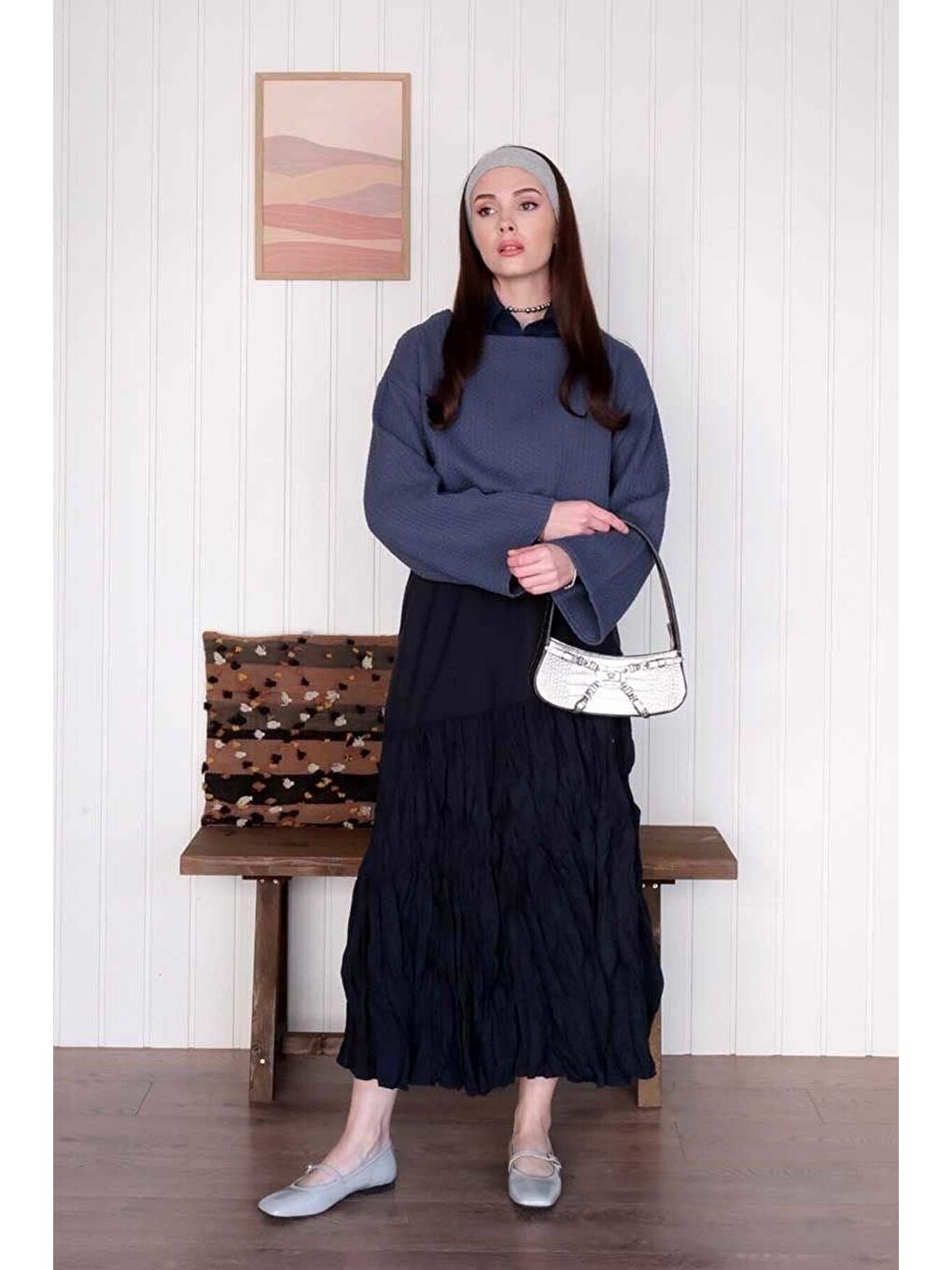 Lacivert Kat Kat Kraşlı Etek-3
