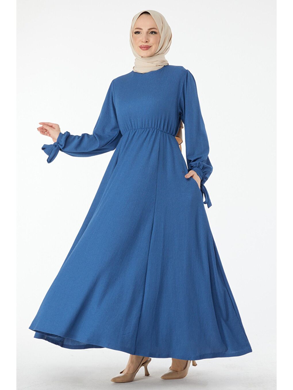 Bisiklet Yaka Kadın Mavi Beli Lastikli Kolu Bağcık Detaylı Elbise - 24460-3