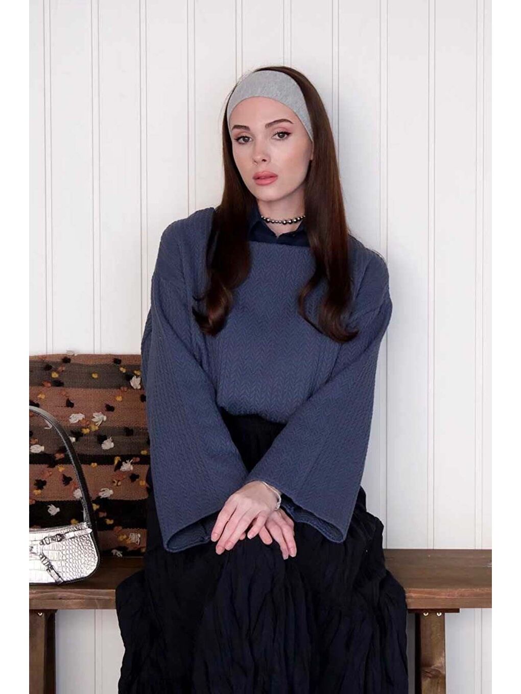 Lacivert Kat Kat Kraşlı Etek-4