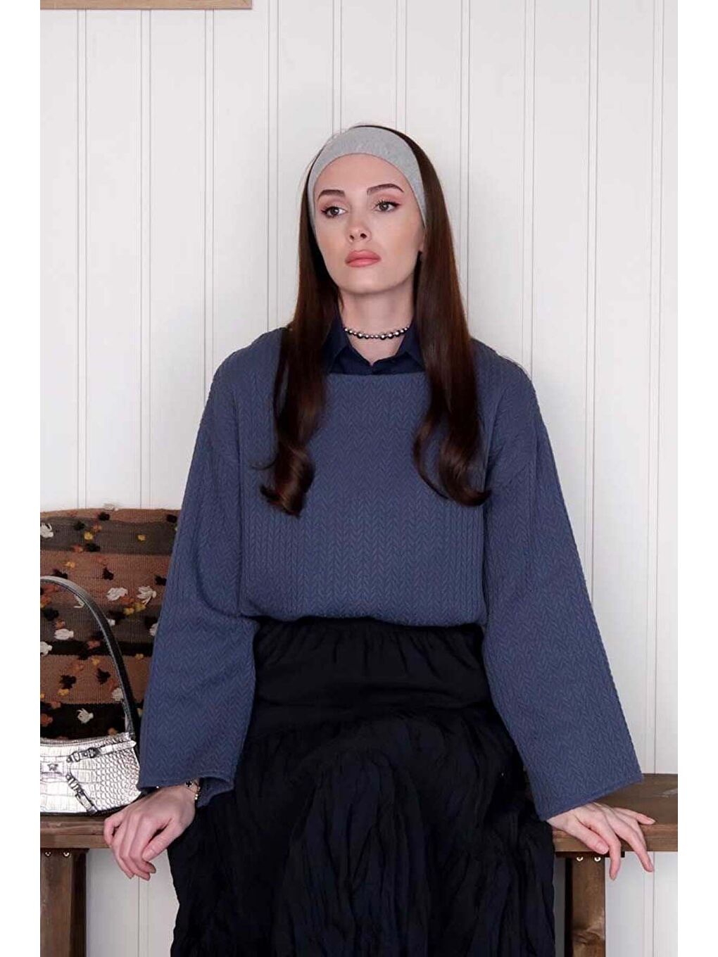 Lacivert Kat Kat Kraşlı Etek-5