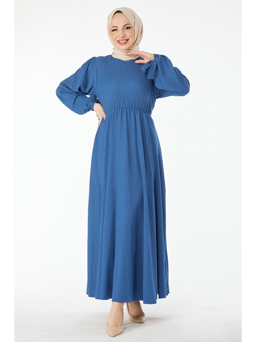 Bisiklet Yaka Kadın Mavi Beli Lastikli Kolu Bağcık Detaylı Elbise - 24460-4